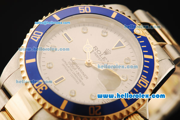 Rolex Submariner Rolex 3135 Automatic Movement Grey Dial with Blue Bezel and Two Tone Strap-18k Gold Strap Links - Click Image to Close